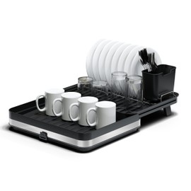 Home Zone Living Large Collapsible Dish Drying Rack for Kitchen Counter with Adjustable Length and Removable Utensils Caddy