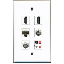 RiteAV - 2 HDMI 2 Port Coax Cable TV- F-Type 1 Port Cat5e Ethernet White 1 Port Speaker Wall Plate