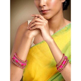 Aheli Royal Design Silk Thread Bangle Set Saree Matching Chuda Indian Traditional Wedding Fashion Jewelry Gift for Women Silk Rani Pink Faux Stone, Size 2.8"