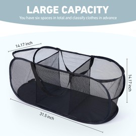 2 Pack Collapsible Mesh Laundry Hamper, 3 Compartment Sortable Pop up Laundry Basket, Foldable Popup Laundry Hampers, Portable Laundry Basket for Family College Dorm Hoom Dirt Clothes Bin with Handle