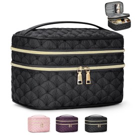 IGOLUMON Makeup Bag Toiletry Bag Women Travel Cosmetic Bag Waterproof Toiletries Bag Quilted Make Up Bag Organizer Double Deck Makeup Bags Cosmetic Makeup Pouch Skincare Bag Portable Black