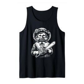 Creepy Girl Wearing Gas Mask Holding a Chainsaw Horror Fan Tank Top
