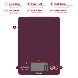 Escali Arti Glass Digital LCD Display Kitchen, Office, Baking Herb Scale w/Nutrition and Calorie Counting Feature, 15lb Capacity, 16" x 6.5" x 0.75", Purple Night