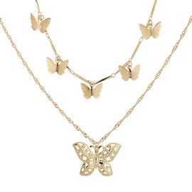 Layered Rhinestone Butterfly Necklace Boho Prosy Gold Pendant Necklace Adjustable Chain Jewellery for Women and Girls (B)