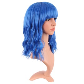 MapofBeauty 14 Inches/35 cm Short Wavy Curly Women Fresh Bright Synthetic Ordinary Flat Bangs Bob Wig (Blue)