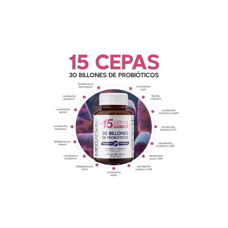 MegaBiotic Probióticos 30 Billones y 15 Cepas| 60 cápsulas |570mg