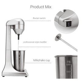 Electric Milkshake Maker Sliver Stainless Steel Single Head Stand Mixer with Cup Classic Drink Mixer Machine for Malted Milk, Protein Shakes, Cocktail, Smoothie, Drink, 22,000 rpm,2 Speeds