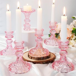 Maxcheck Set of 6 Clear Candlestick Holders Taper Glass Candle Holder Decorative Candle Stand for Wedding Party Table Centerpiece Valentine's Day Anniversary Festival Home Decor(Pink)