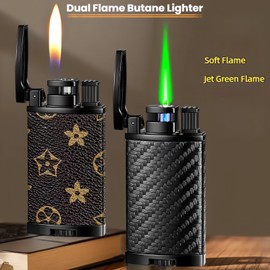 Dual Flame Butane Lighter, Windproof Jet Green Torch and Soft Flame 2-in-1, Reusable and Refillable Lighters, Vintage Leather Textured - Carbon Fiber (Fuel Not Included)