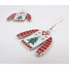 Tacky Red and White Ugly Christmas Sweater Metal Earrings with Tree and Sterling Silver Ear Wires