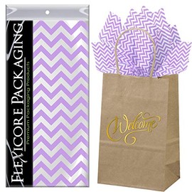 Flexicore Packaging Natural Brown Kraft Paper Welcome Bags & Lilac Purple Gift Wrap Tissue Paper | Size: 5.25 Inch X 3.25 Inch X 8.25 Inch | Count: 5 Bags | Color: Lilac Purple Chevron