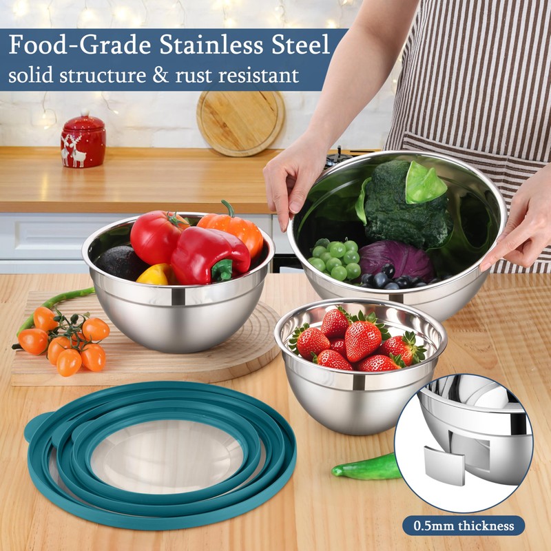 LIANYU Stainless Steel Metal Mixing Bowls, 3 Packs Deep Nesting