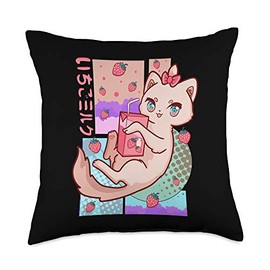 Japanese Otaku Milk T-Shirt Kawaii Strawberry Milk Kitten Neko Throw Pillow, 18x18, Multicolor
