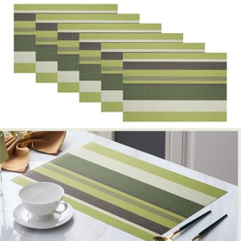Elistonie Set of 6 Colorful Striped Vinyl Placemats Heat-Resistant Washable Placemats Non-Slip Woven Table Mats Wipeable Placemat for Kitchen Dining Table Decoration Indoor Outdoor (Meadow Green)