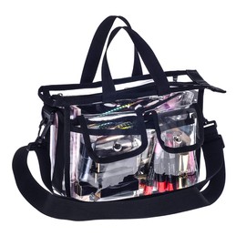 Jula Vance - Juego de maquillaje de PVC transparente mediano para artistas, bolsa de almacenamiento de cosméticos transparente, kit de maquillaje de viaje, bolsa MUA aprobada por el estadio, bolsa transparente con correa de hombro extraíble, Claro