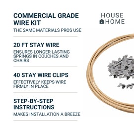 House2Home Upholstery Stay Wire for Sofa Furniture Springs, 20ft with 40 Clips, 16 Gauge, Includes Instructions