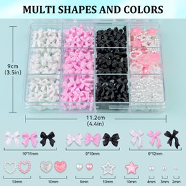 600 Pcs 3D Nail Charms and Flatback Pearls #8, 3 Colors Bow + Pink&White Star Heart Cute Charms + 2-6mm White Pearls for Nail Art Design with Nail Charm Glue(UV Needed) and Pickup Tools
