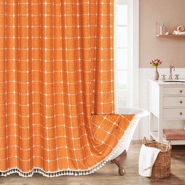 MitoVilla Orange Boho Shower Curtains for Modern Farmhouse Bathroom Decor, Vintage Country Thick Polyester Linen Fabric Shower Curtain, Rustic Tassel Cloth Shower Curtain, 72 x 72
