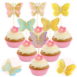 24 piezas de decoración para magdalenas de mariposas montadas con purpurina, doble capa, huecas, mariposas 3D, decoración de tartas para baby shower, bodas, compromisos, despedidas de soltera, fiestas de cumpleaños, suministros dorados