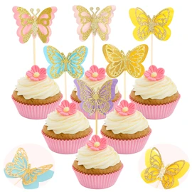 24 piezas de decoración para magdalenas de mariposas montadas con purpurina, doble capa, huecas, mariposas 3D, decoración de tartas para baby shower, bodas, compromisos, despedidas de soltera, fiestas de cumpleaños, suministros dorados