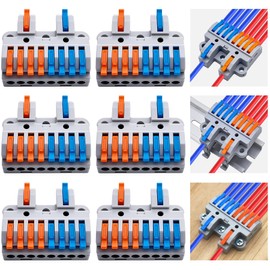CESFONJER 2-in-8-out Compact Terminal Blocks (6 Sets), Lever Wire Splicing Connectors, 2 Input 8 Output, DIN Rail & Screw Fix, 28-12AWG, Includes Mounts & Screws