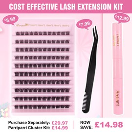 Parriparri DIY Lash Extension Kit 120Pcs Individual Lashes with Bond and Seal and Cluster Lashes Applicator Volume Eyelash Extensions Kit False Eyelashes DIY at Home (8-16MM MIX)
