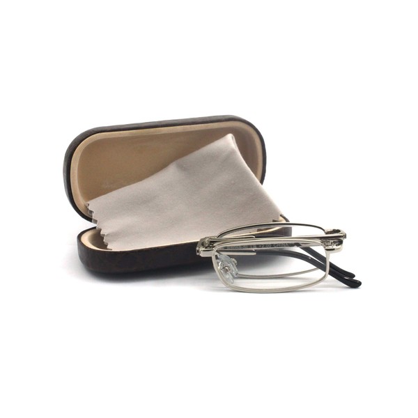 EYE ZOOM Compact Rectangular Metal Folding Reading Glasses with Leather Case for Men and Women, Silver Frame, Brown Case, 3.50 Strength