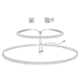 HAXIYA Tennis Necklace Set for Women Crystal Bracelet Diamond Earrings Wedding Jewelry for Bride Sterling Silver Jewelry Sets Pack of 3