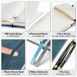 OFFIGIFT Bullet Dotted Journal, Large A4 Hardcover Leather Journal, 312 Numbered Pages Thick Journal, 100gsm No Bleed Paper Dot Grid Notebook for Women Men, 8.5'' × 11'', Grey Blue