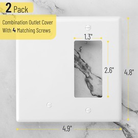 Bates- Combination Wall Plate, 2 Pack, 4.8"x4.9", Decorator/Blank, White Unbreakable Polycarbonate Thermoplastic, 2 Gang Wall Plate for Electrical Outlets