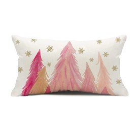 Christmas Trees Lumbar Throw Pillow Covers, 12 x 20 Inch Watercolor Xmas Trees Snowflake Pink Pillows Decorative Winter Holiday Farmhouse Decorations Throw Pillows Cushion Case for Sofa Couch