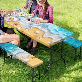 PJHEQOXE Park Picnic Table Cover With Bench Covers Lightweight Camping Essentials, Waterproof And Breathable 4Pcs Tablecloth With Elastic, Fitted For Table 8Ft Rectangle And Seats Beach Starfish Print