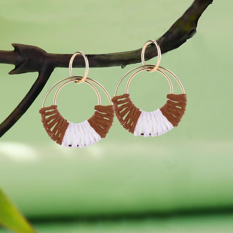 Handmade Raffia Earrings for Women Girls Lightweight Statement Geometric Round