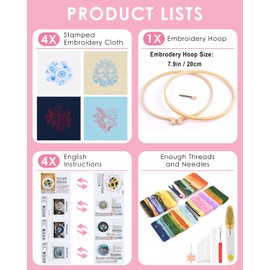 TINDTOP Embroidery Kit for Adults, Floral Stitch Practice Kit for Beginners Include Cloth Hoops Threads for Craft Lover Hand Stitch with Embroidery Skill Techniques (Flowers 4 Sets)