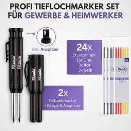 Filzada® 2 x deep hole markers with 24 extramines - in 3 colours - carpenter's pencils with quiver/cap - drill hole marker - pencil construction site - marking pen - deep hole marker pencil - marking
