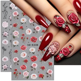 5D Embossed Rose Nail Art Stickers Valentines Nail Stickers for Women Vintage Roses Nails Stickers Flower Nail Decals for Nail Art Supplies Floral Nail Sticker Spring Decor Flower Stickers for Nails