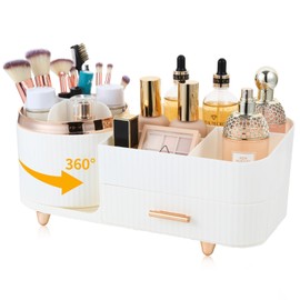 Zufudo Zufudo Makeup Organizer Countertop with Drawers 360 Rotating Makeup Brush Holder Large Capacity Skincare Organizer for Vanity Desk, Model 3016 White