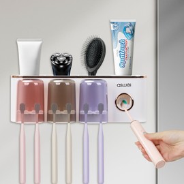 SelWatty Soporte para Cepillo de Dientes, Portacepillos Pared con Dispensador de Dentífrico y 2 Tazas, Sin Taladrar, con Espacio de Almacenamiento, para 4 Cepillo Dientes,para Baño (3 Tazas)