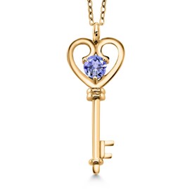 Gem Stone King 18K Yellow Gold Plated Silver Heart Key Pendant Necklace For Women | Round 5MM | Gemstone Birthstone | Mom Wife Birthday Anniversary Graduation Gifts | With 18 Inch Silver Chain