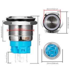 GUNGY Pressure Switch Waterproof 19 mm Button LED Switch 12V-24V 3A Locking Push Button Switch Brass 5 Pin with Blue Ring LED Light for Car Boat Motorcycle Pack of 5