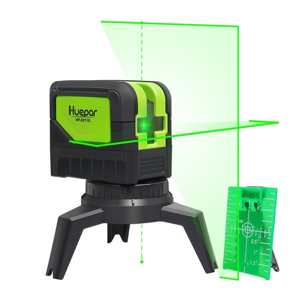 Huepar 9211G Green Laser Level, Self Leveling Cross Line with 2 Plumb Points, Green Beam Large Fan Angle 180 Degree Vertical/Horizontal Line with Plumb Dots, Multi-Use Alignment Laser Level
