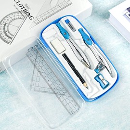 Lifreer Compass for Geometry set,10 Pcs Student Geometry Set Includes Storage Box, Rulers, Protractor, Compass, Eraser, Sharpener, Lead Refills, Pencil for Drafting and Drawings（Blue）
