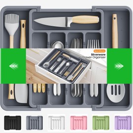 SpaceHacks Silverware Organizer，Adjustable & Expandable Utensil Drawer Organizer, BPA Free Utensil Holder, Cutlery Tray for Forks, Spoons, Knives in Kitchen, Medium, Grey