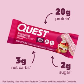 Quest Nutrition Quest Nutrition Protein Bars, Strawberry Shortcake, 20g Protein, 2g Sugar, 3g Net Carbs, 10g Fiber, Gluten Free, 12 Count