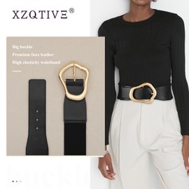 XZQTIVE Women Wide Elastic Waist Belt for Dresses Fashion Big Gold Buckle Stretchy Leather Waistband for Ladies, Black, 80cm