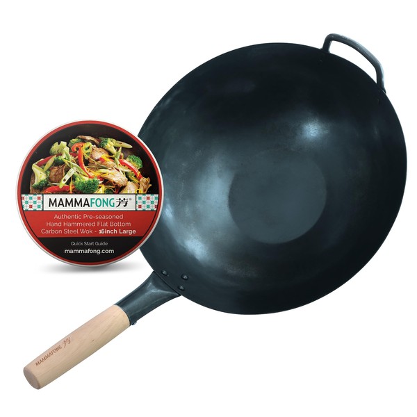 Mammafong Large Flat Bottom 16-inch Traditional Carbon Steel Wok Pan - Authentic Hand Hammered Woks and Stir Fry Pans - Pow Wok with no chemical coating