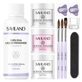 SAVILAND Essentials Acrylic Nail Kit for Beginners: 15g White Pink Clear Acrylic Powder and Liquid Set with #8/10/14 Brushes Forms & Manicure Tools for Extension 3D Carving Home DIY Nail Art Salon Use