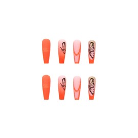 BABALAL Coffin Press on Nails Long Fake Nails Orange Matte Glue on Nails Butterfly Ballerina Acrylic Nails 24Pcs with Designs Full Cover Nails