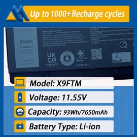 Mobik 93Wh X9FTM Laptop Battery Compatible with Dell Precision 7770 7670 7680 7780 Series Notebook 0X9FTM 965V4 0965V4 5JMD8 05JMD8 RCVVT 0NWDC0 0X26RT 11.55V 7650mAh
