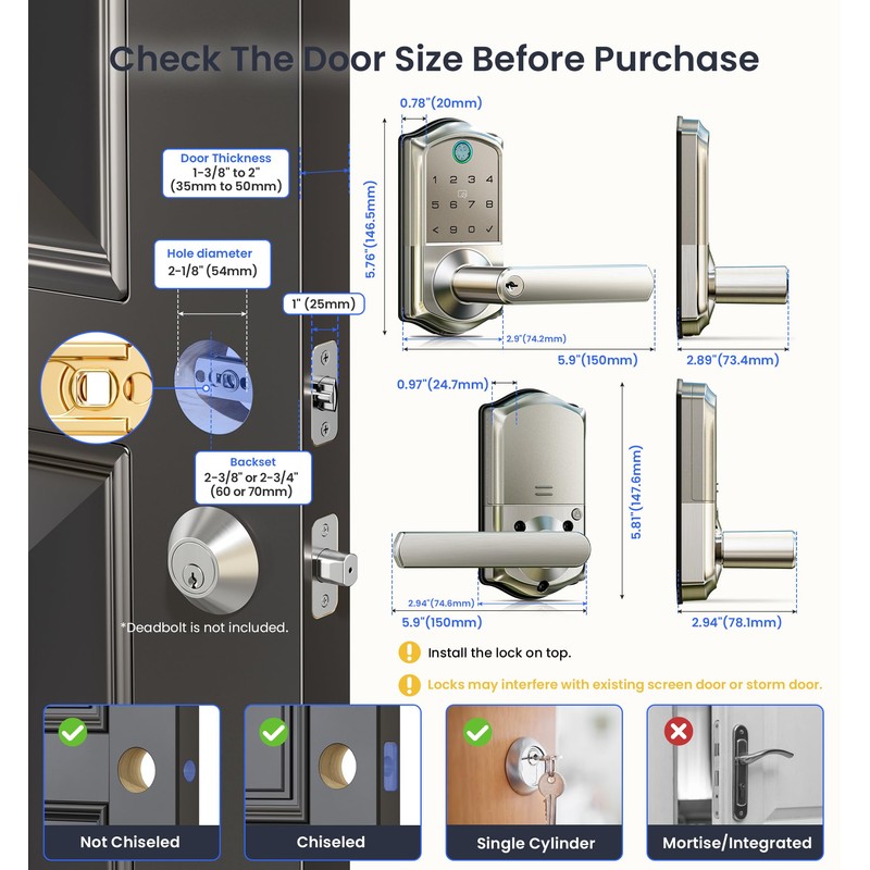 Veise VE019 Fingerprint Smart Lever Lock - APP Control, Keypad